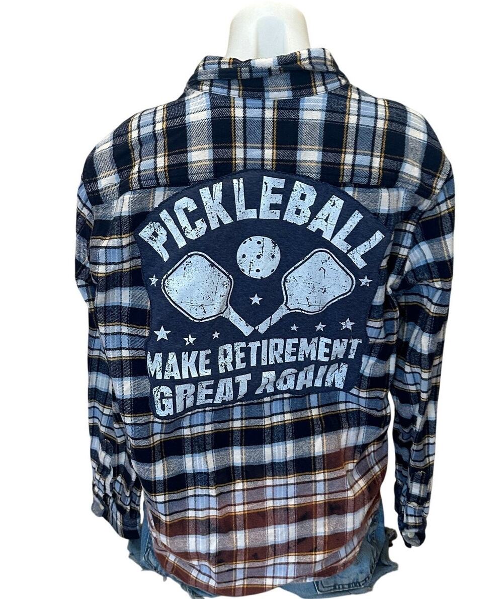 PickleBall Plaid Flannel Button Down Shirt LARGE Funny Blue Retirement Unique